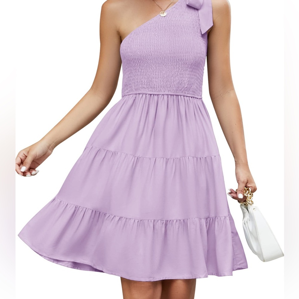 ZESICA ONE SHOULDER SLEEVELESS SMOCKED RUFFLE MINI DRESS